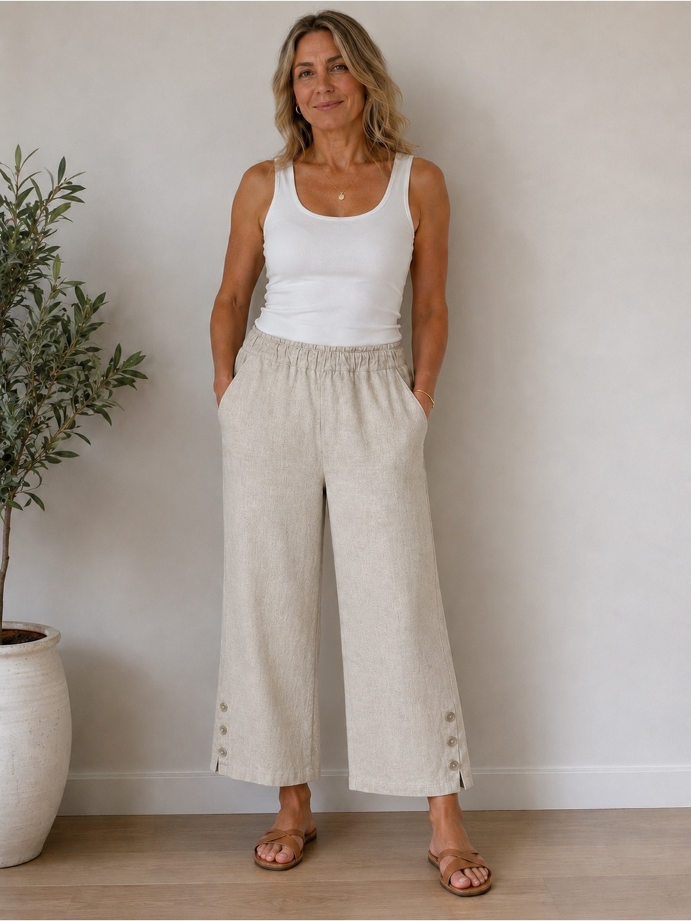 ALI MILES 100% LINEN WIDE LEG CAPRI PANTS WOMEN CREAM COLOR MEDIUM